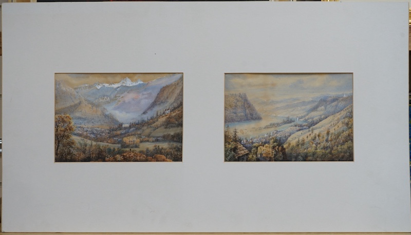 19th century School, two heightened watercolours mounted as one, Mountainous landscapes, unsigned, each 16 x 22cm. Condition - some foxing and discolouration throughout